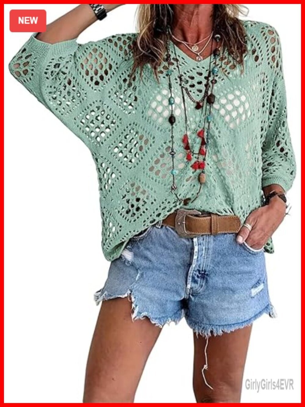 Womens Crochet Long Sleeve V-Neck Sweater Beach Cover Up Cruise Top